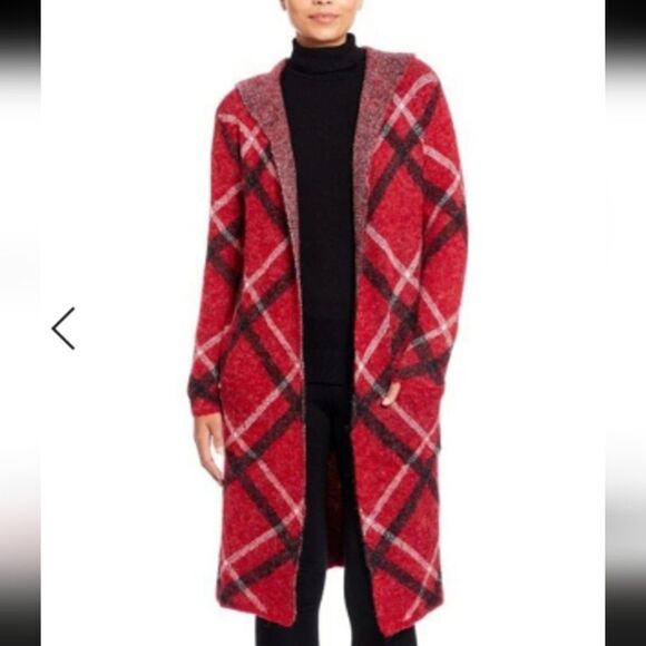 BRAND NEW JOSEPH A HOODED LONG CARDIGAN SWEATER COAT IN PLAID RED - Picture 1 of 12